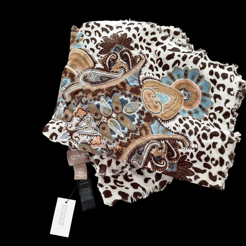Chicos Ornate Cheetah Paisley Square Scarf 42x42 Brown Blue Multi 570294198‎ NWT